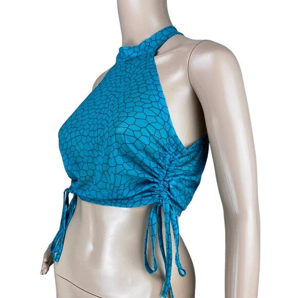 New Women's Blue Mesh  Mock Neck Sleeveless Ruched Animal Print Sheer Crop Top M - Picture 2 of 5